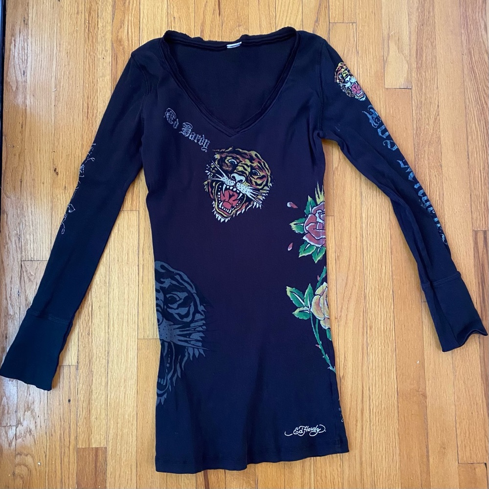 Vintage Y2K Ed Hardy by Christian Audigier Long Sleeved Black Long Shirt Top